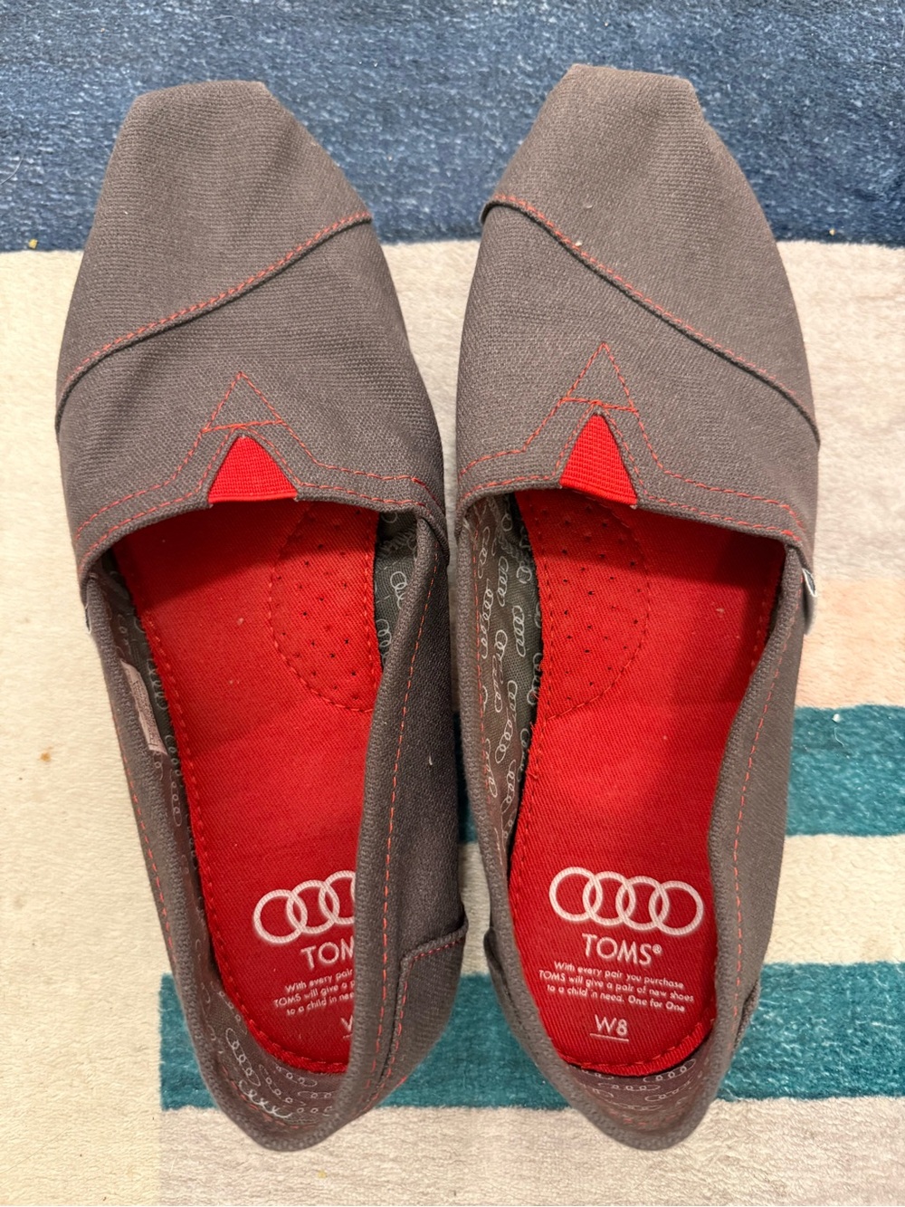 TOMS x Audi Limited Edition Alpargata Slip On Shoes Gray Red Canvas Womens 8